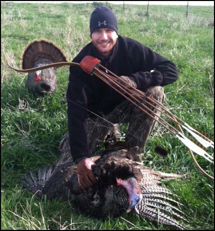 Jared Grewing displays the turkey he took with his Great Plains Long Curve and Zwickey Broadhead, 2013. 