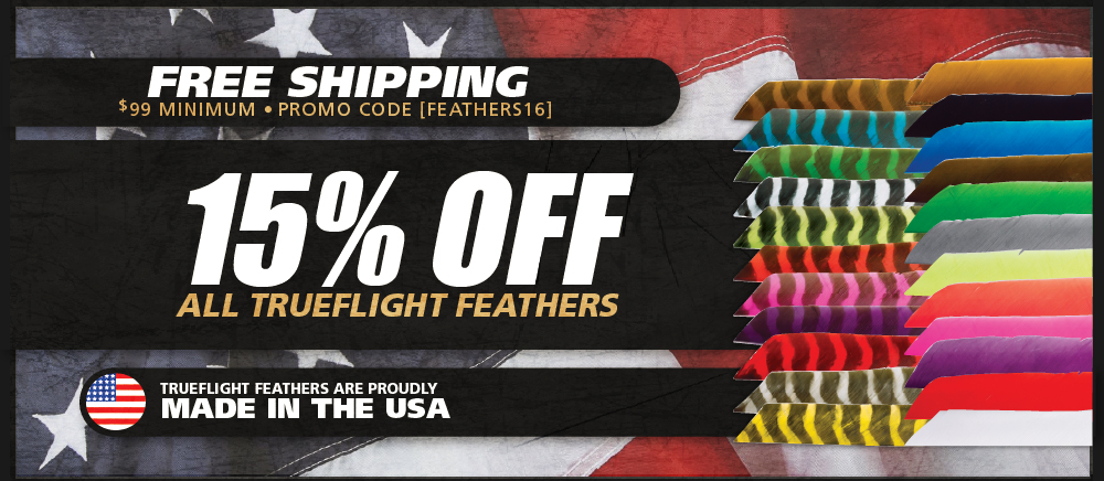 Free Shipping. 99 dollar minimum promo code feathers16. 15 percent off all TrueFlight Feathers. TrueFlight Feathers are proudly made in the USA. See details below. Expires 6/6/16.