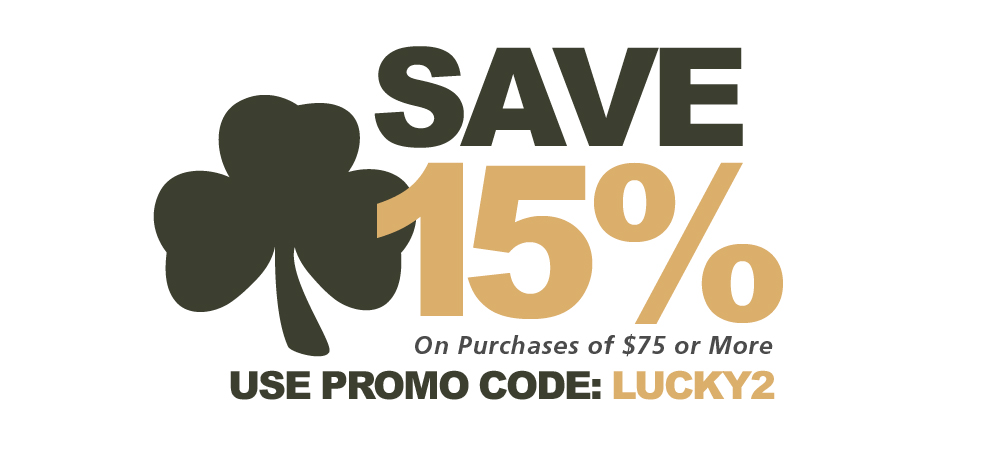 Save 15 percent on purchases of 75 dollars or more. Use promo code: LUCKY2