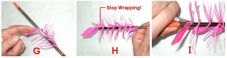 Final wrapping of a spiral wrap flu flu fletching