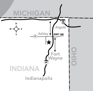 Map image of North East Indiana with directions of where 3Rivers Archery warehouse is located
